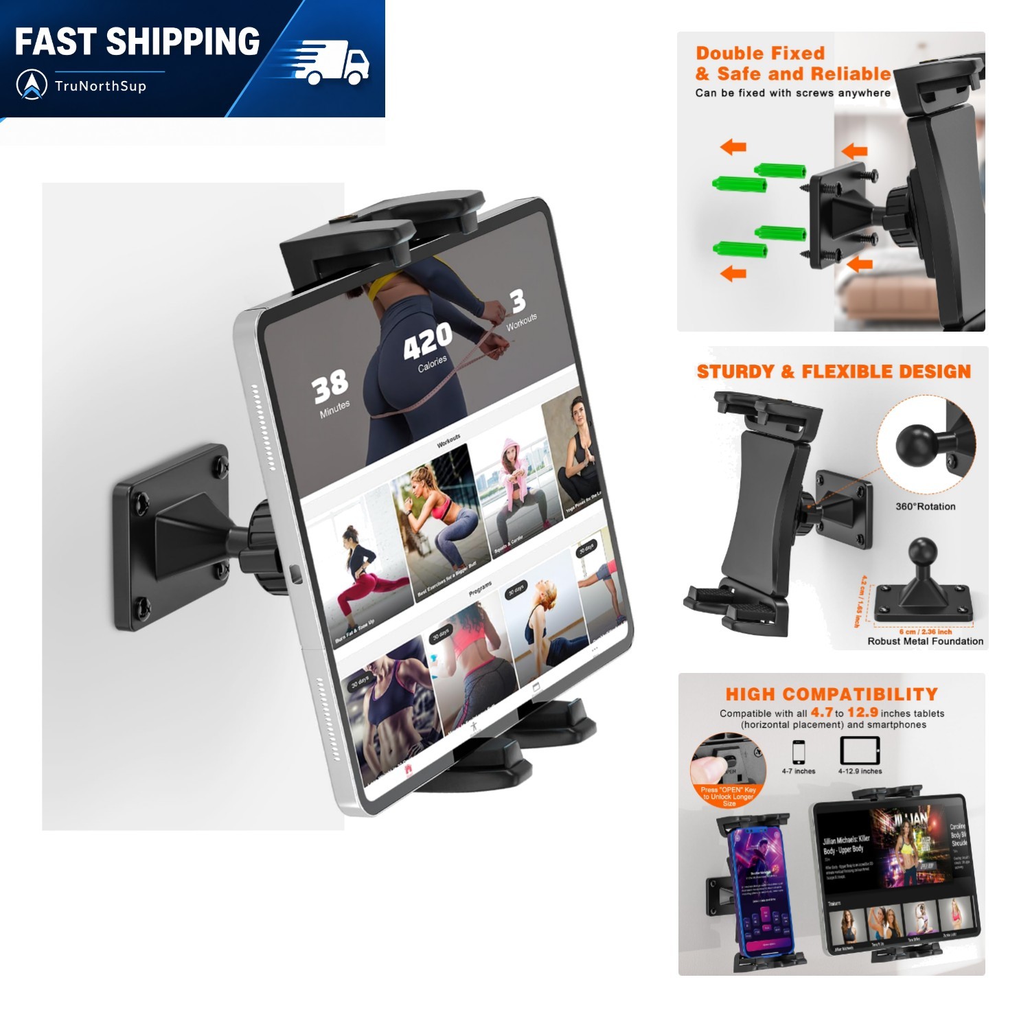 Tablet Wall Mount 360° Rotation Aluminum Compatible with 4.7-12.9 Inch Device...