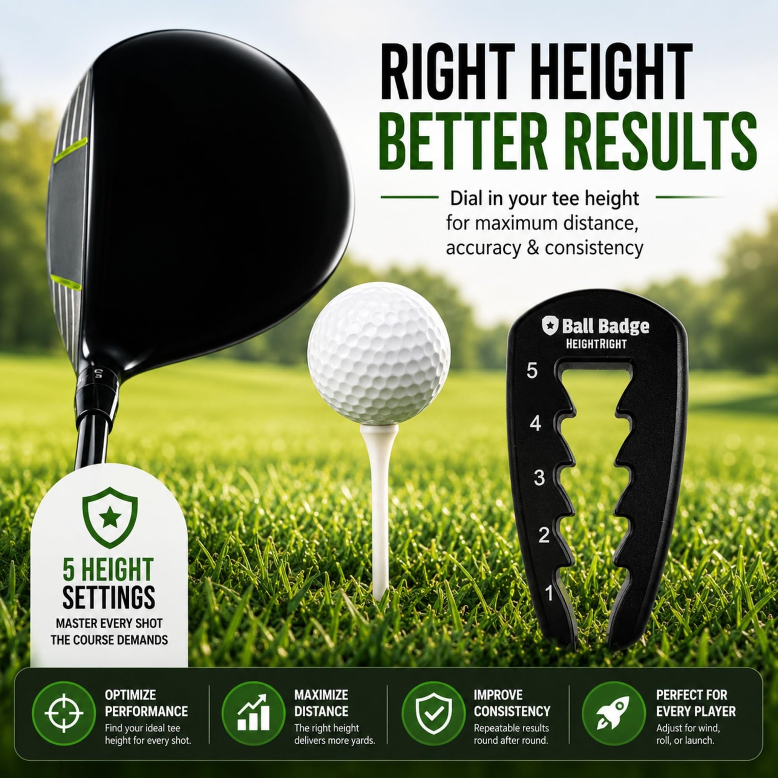 Adjustable Golf Tee Height Tool (5-Level Precision) – Universal Fit for Wo
