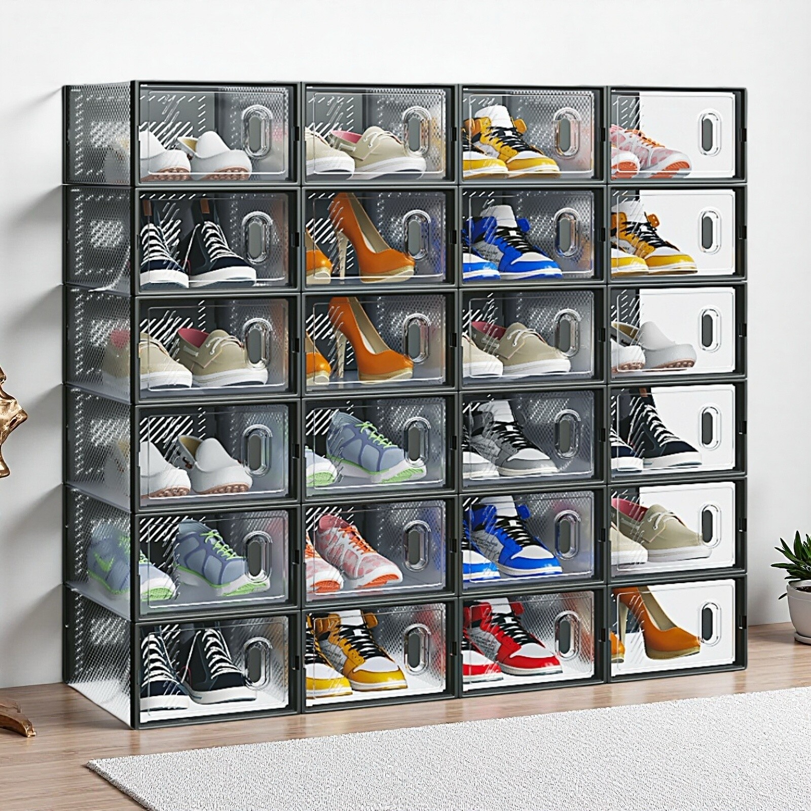 24-Pack Shoe Storage Boxes - Stackable, Door, Plastic Mesh, Black & Small Size