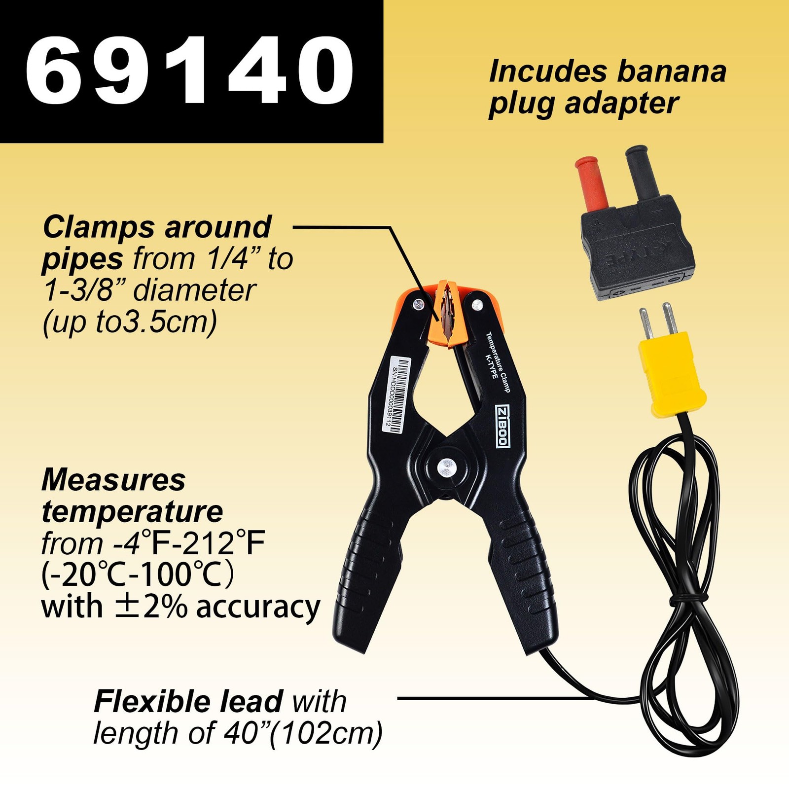 69140 K-Type Thermometer, Pipe Temperature Clamp for HVAC/Multimeter, Temperatur