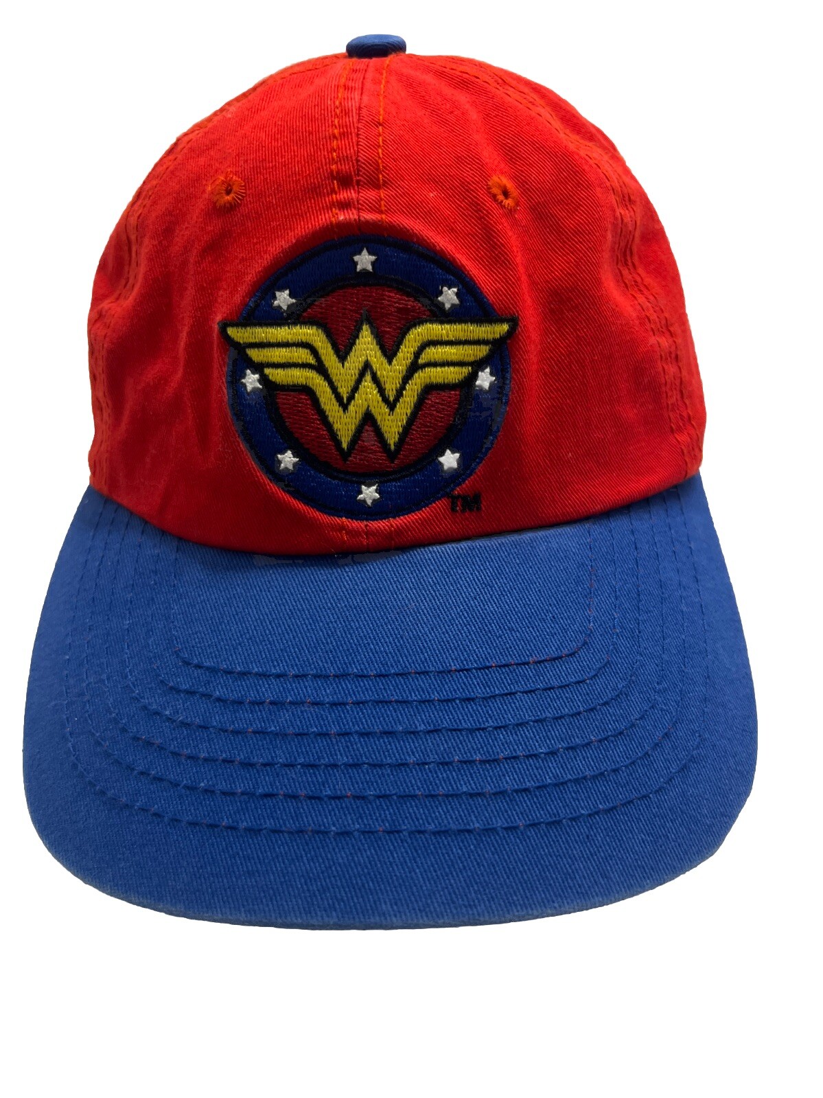 Wonder Woman Logo DC Comics Hat Cap Red w Blue Bill Logo is Yellow Blue White