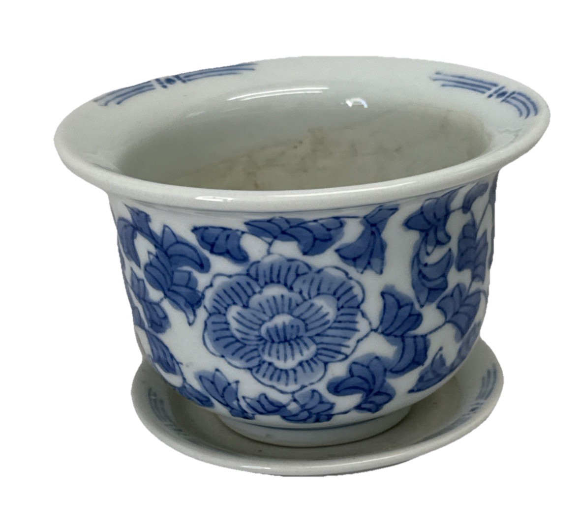 Chinese Jardiniere Blue White Porcelain Lotus Flower Planter & Tray  4.75 X 3.25
