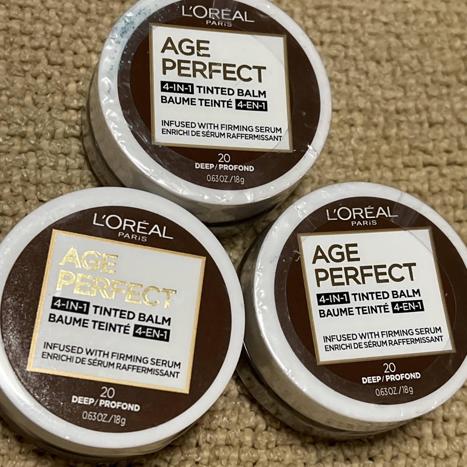 L'Oreal Paris AGE PERFECT 4-in-1 Tinted Balm 20 Deep Profond .63 oz, Lot of 3