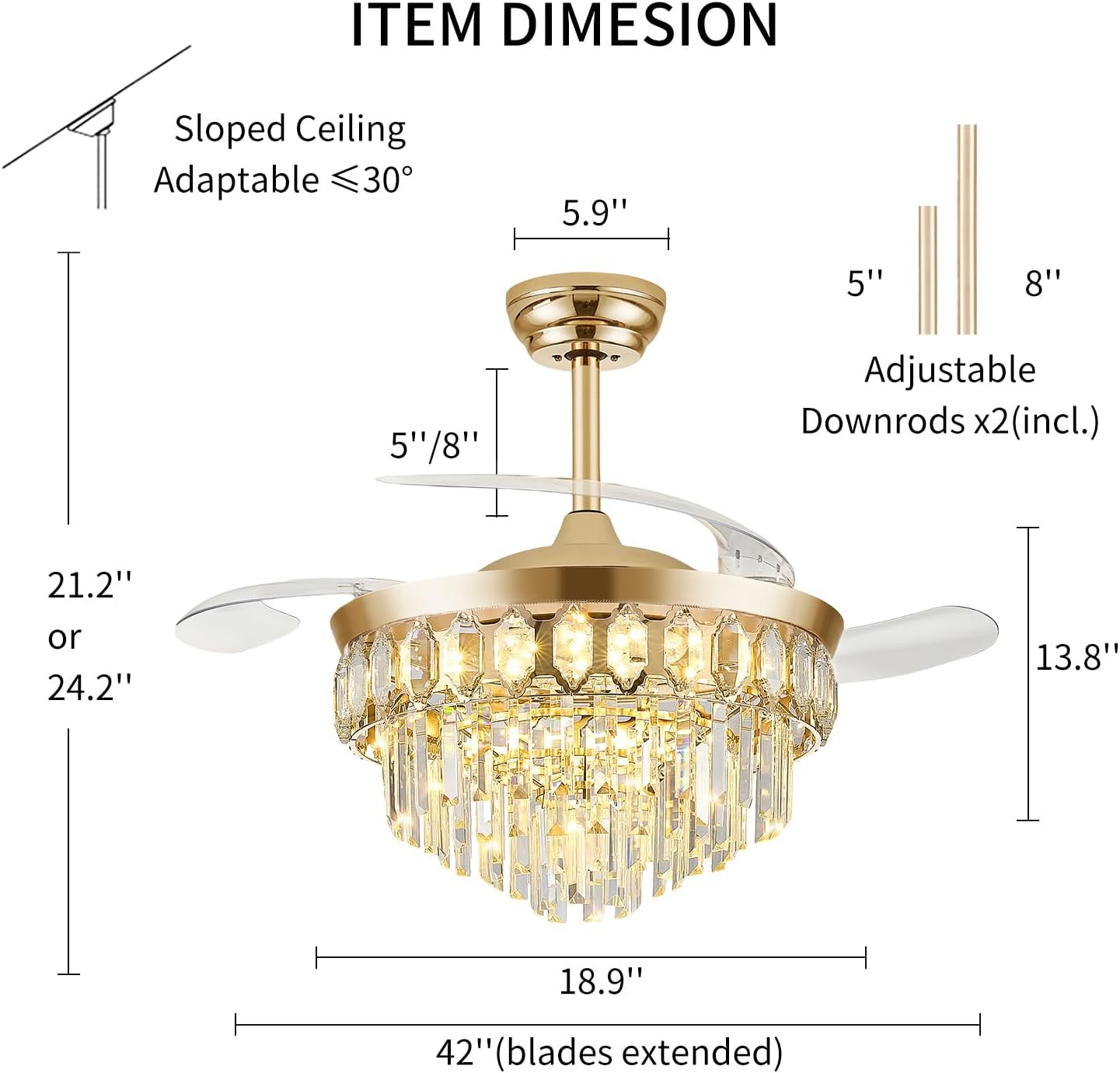 Gold 42" Retractable Ceiling Fan with LED Light & 6 Speed Settings