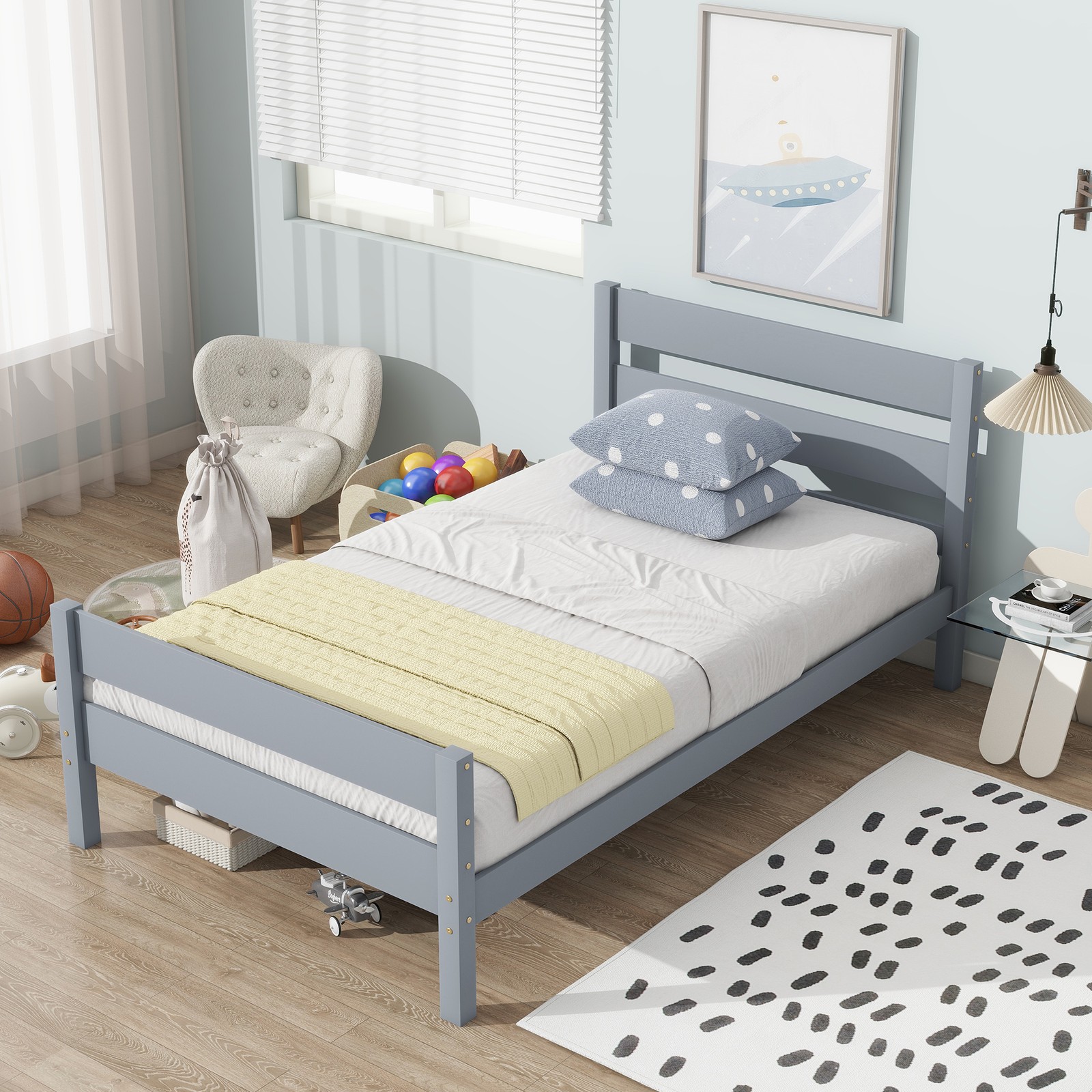 Twin Size Bed Frame with Headboard and Footboard,Rubber Wood Bed,Grey