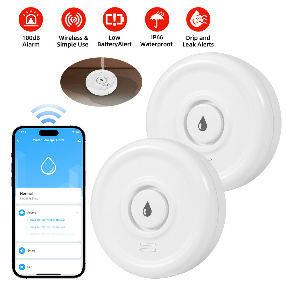 2 Pack 100dB Smart WiFi Water Leak Detector App Alert Kitchen Basement Sensor