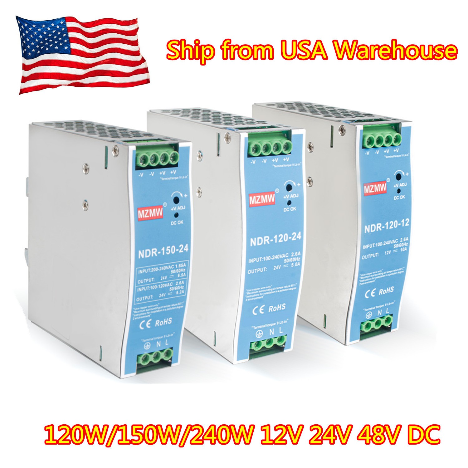 〖US〗NDR 120W 150W 240W 12V 24V 48V DC Industrial DIN Rail Switching Power Supply