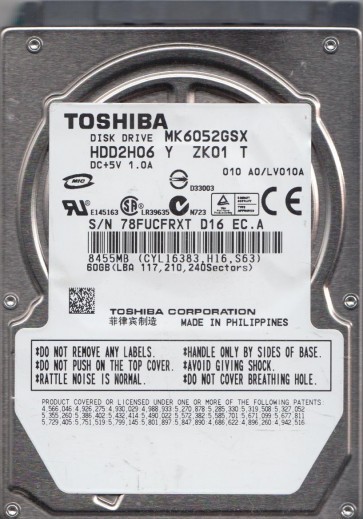 Toshiba 60GB SATA 2.5 Hard Drive MK6052GSX