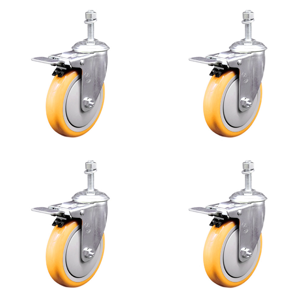 5 Inch Yellow Polyurethane Swivel 3/8 Inch Stem Caster Set with Total Lock Brake