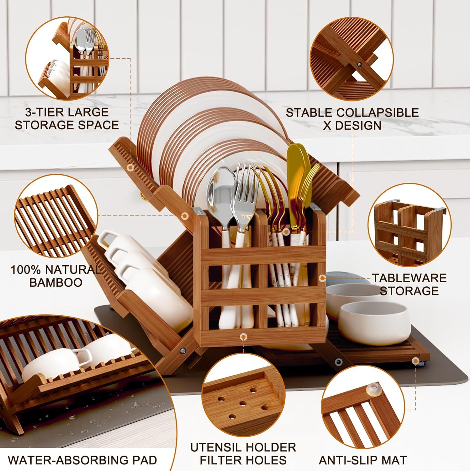 Bamboo Dish Drying Rack with Utensil Holder, 3 Tier Foldable Dish Rack.