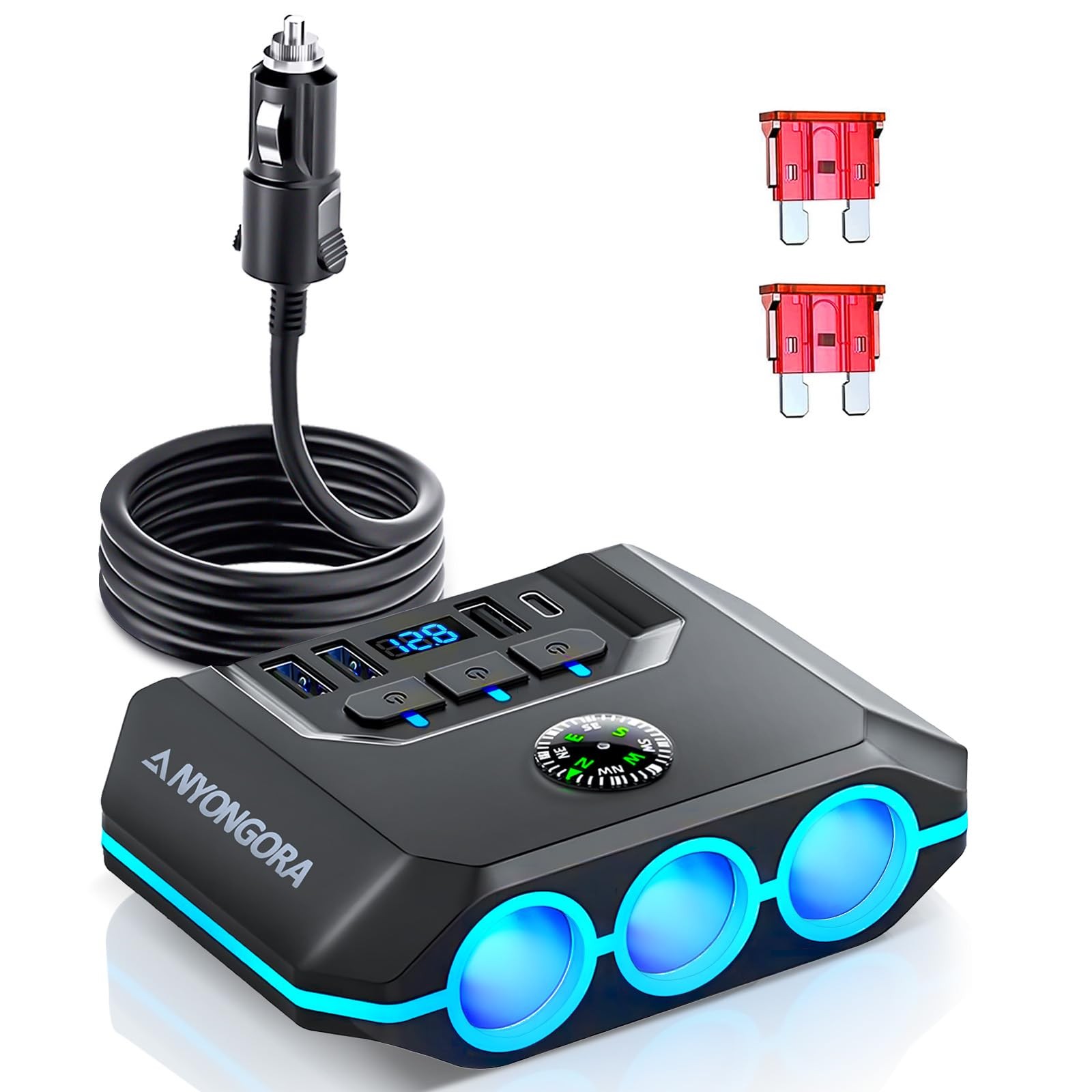 Anyongora 7-in-1 Cigarette Lighter Splitter, 120W Car Charger Standard, Black