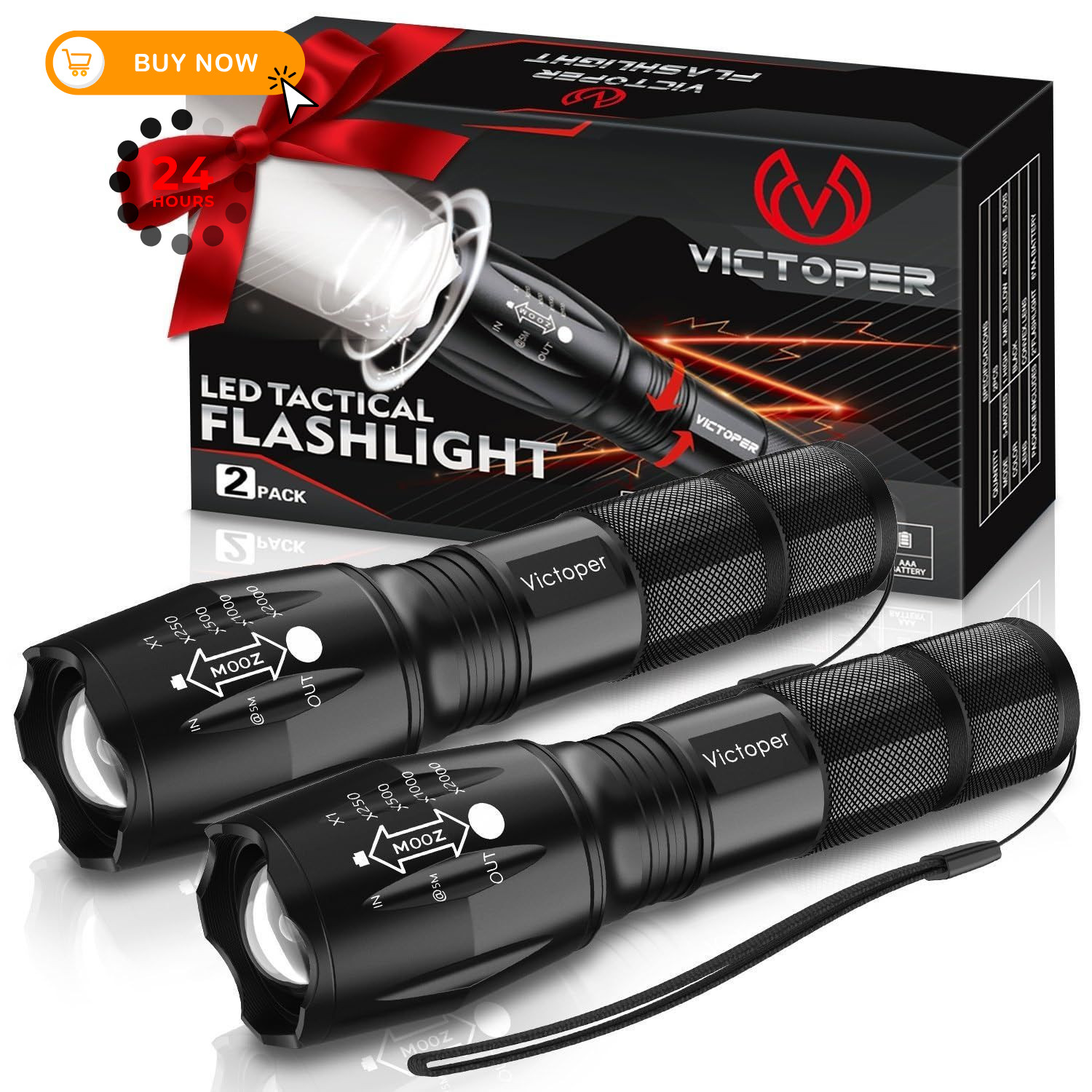 Victoper LED Flashlight 2 Pack, Bright Tactical Torch High 2 PACK, Black