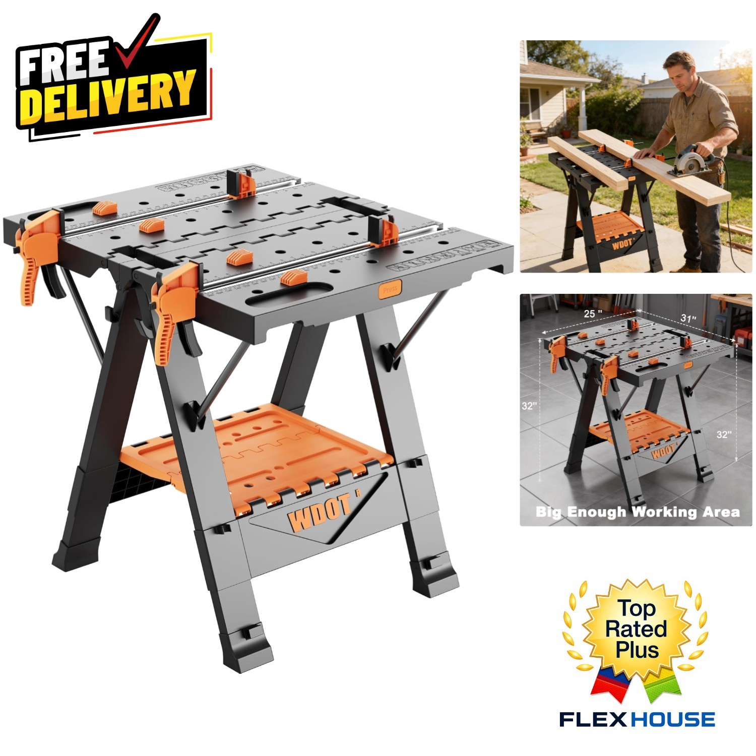 Sturdy 500lbs Mobile Work Table - 2-in-1 Portable Folding Bench for Woodworking