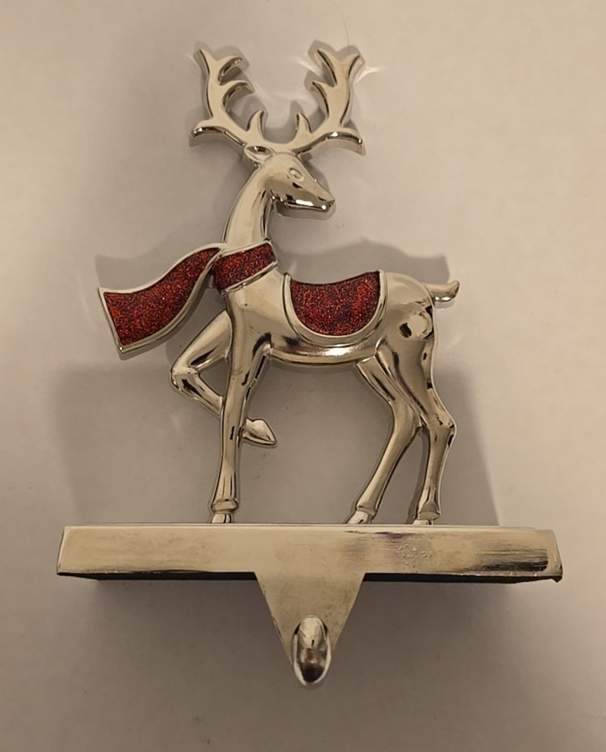 Vintage Metal Christmas Reindeer in Red Glitter Scarf Stocking Holder [READ]