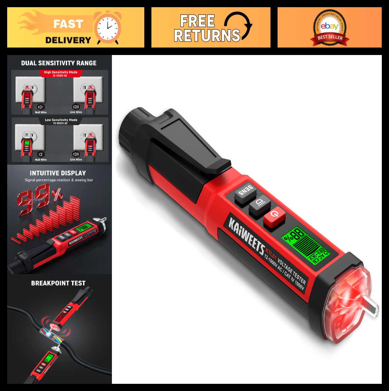 Non-Contact Voltage Tester Pen, 1000V AC/DC, LCD Display, Live Wire Detector, Ci