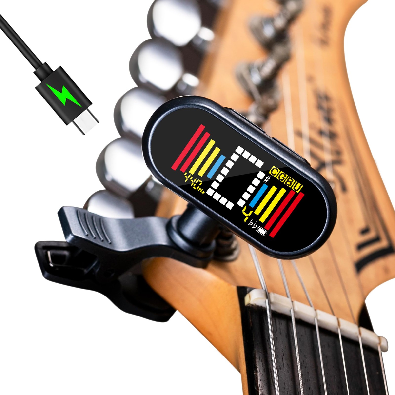 Rechargeable Clip-on Tuner for Guitar Bass Ukulele with Chromatic Mode