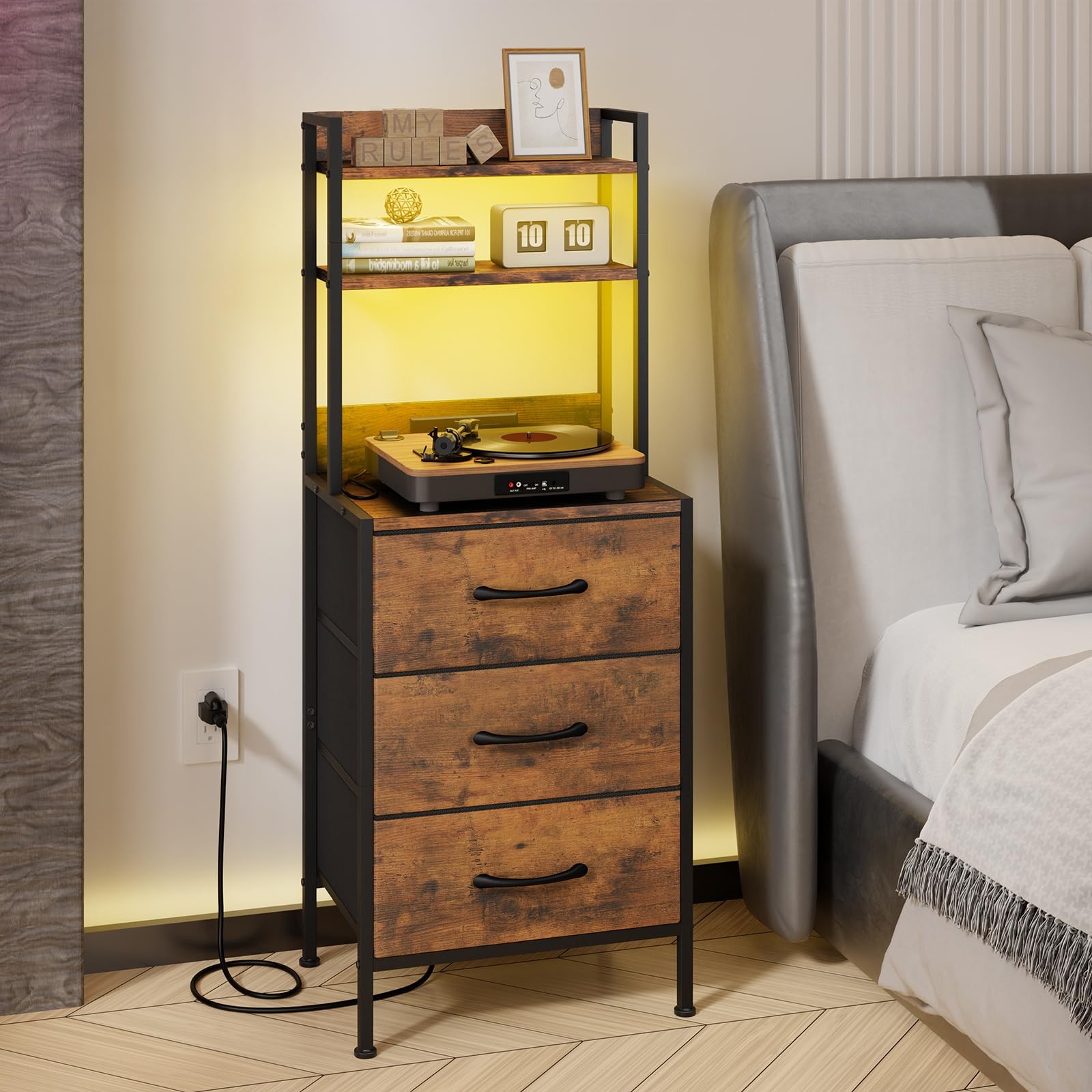 41 Inch Tall Nightstand with Charging Station, Led Night Stand with U-S-B Por...