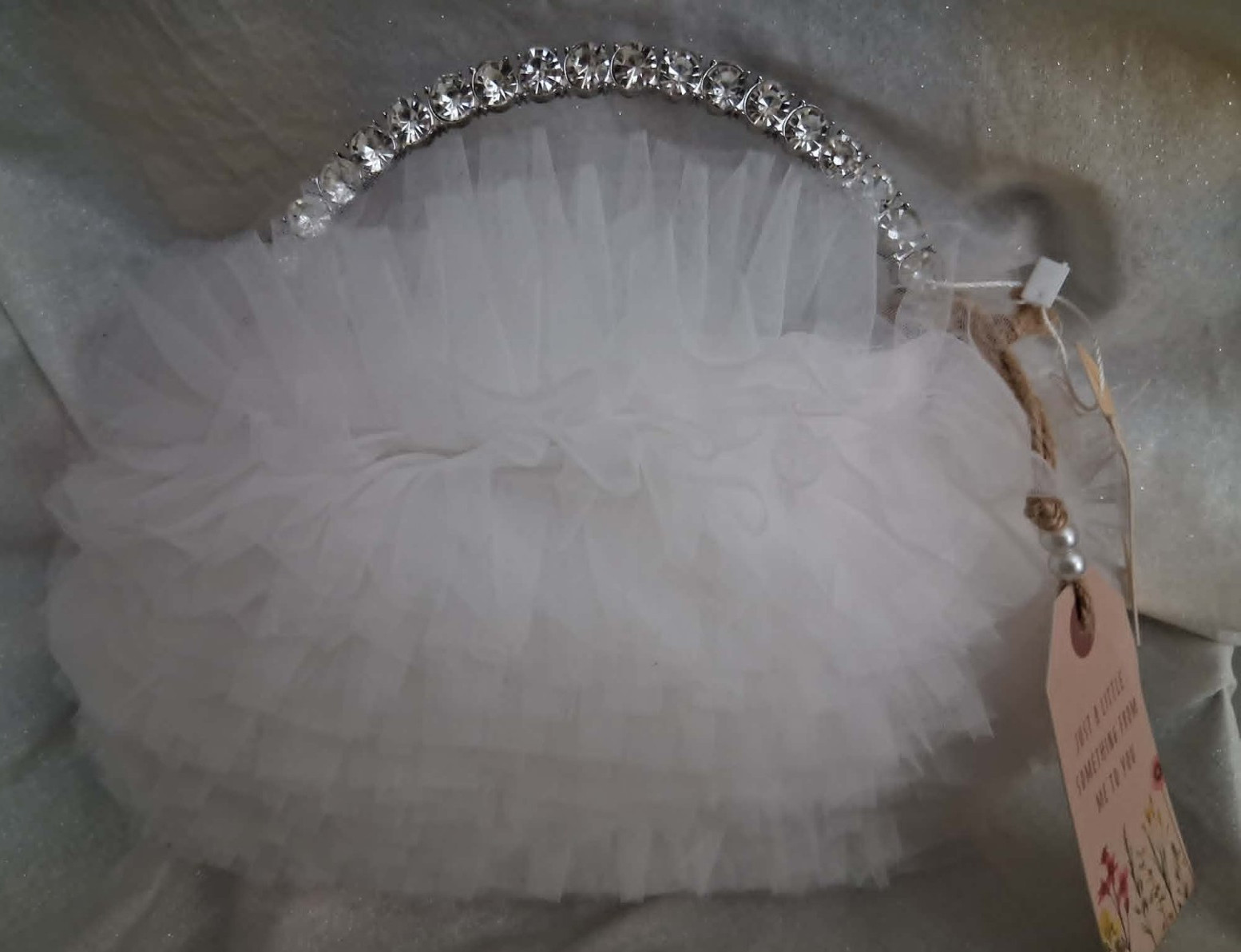 Badgley Mischka Jewel Tulle White Ruffled Bling Handbag NWT