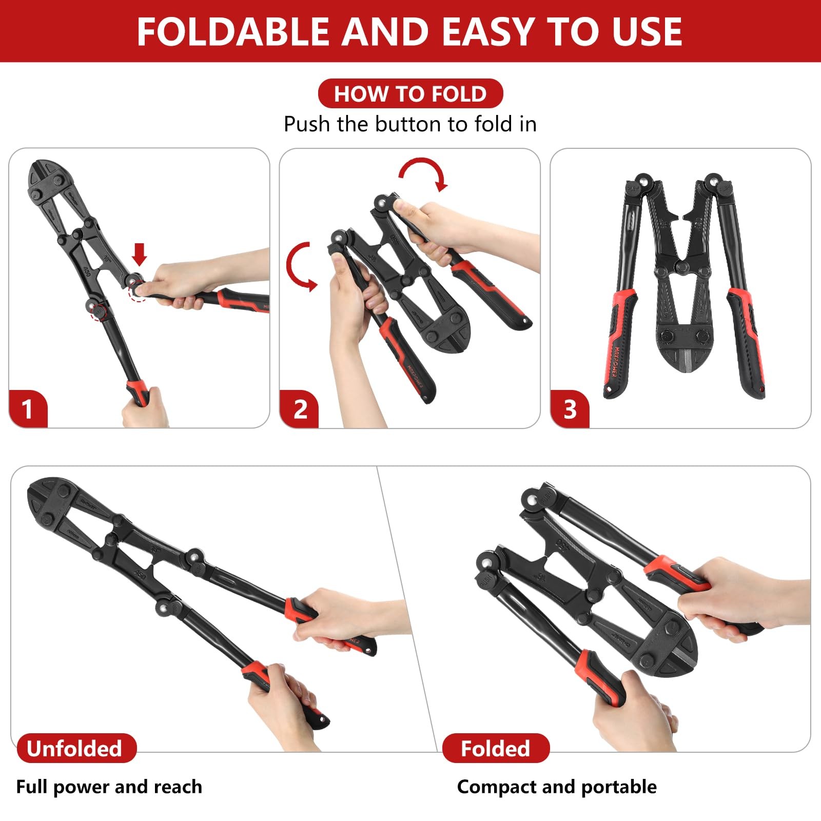 MAXPOWER 18-inch Folding Bolt Cutters, Foldable Cutter 18", Black & Red