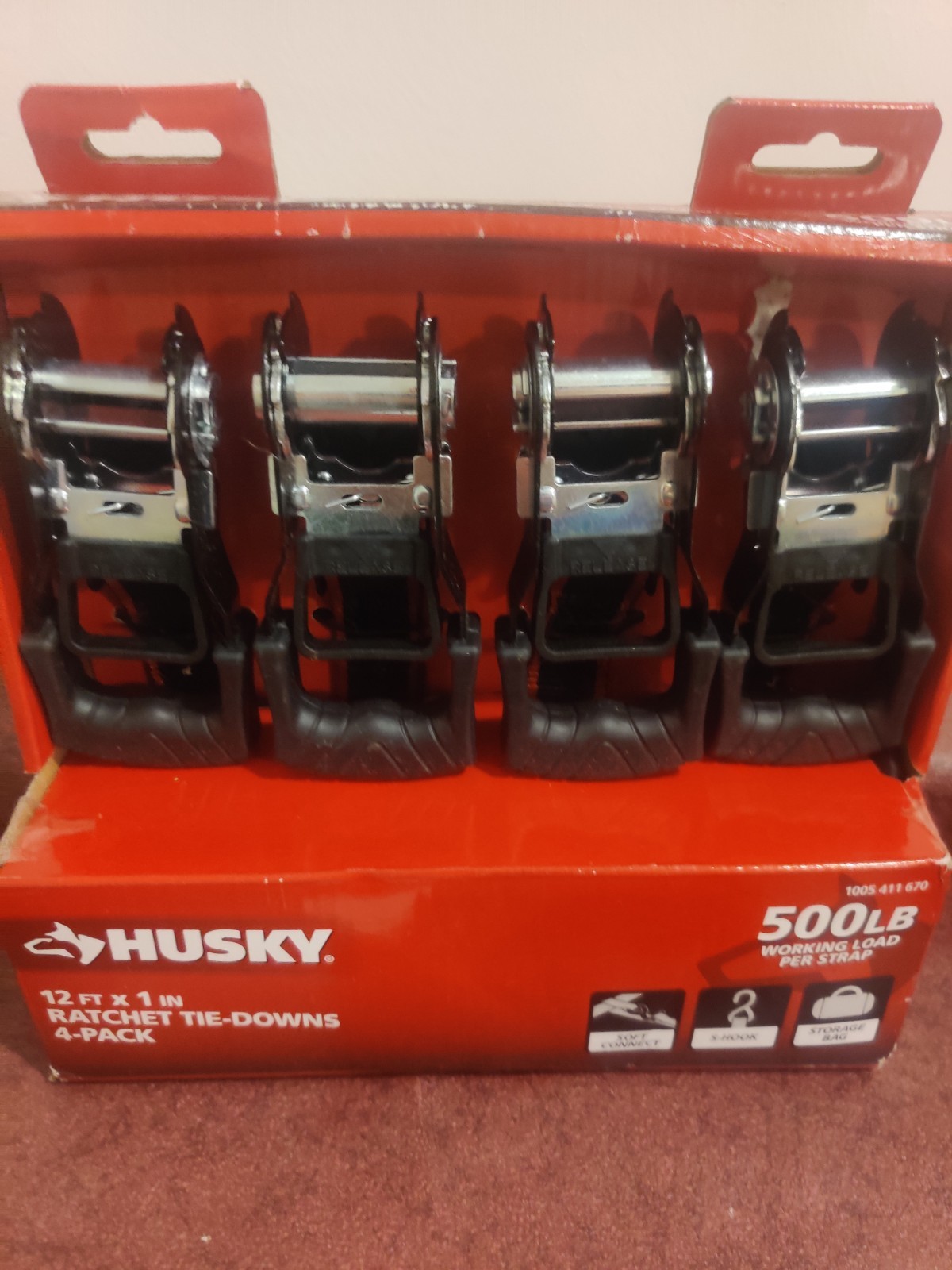 Husky 1'' X 12 Ft Ratchet Tie Downs 4pack 1005-411-670 NEW