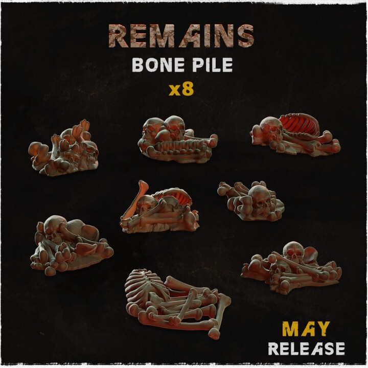 16 Bone piles, skulls and bones basing decoration bits 28mm scale (2 of each)