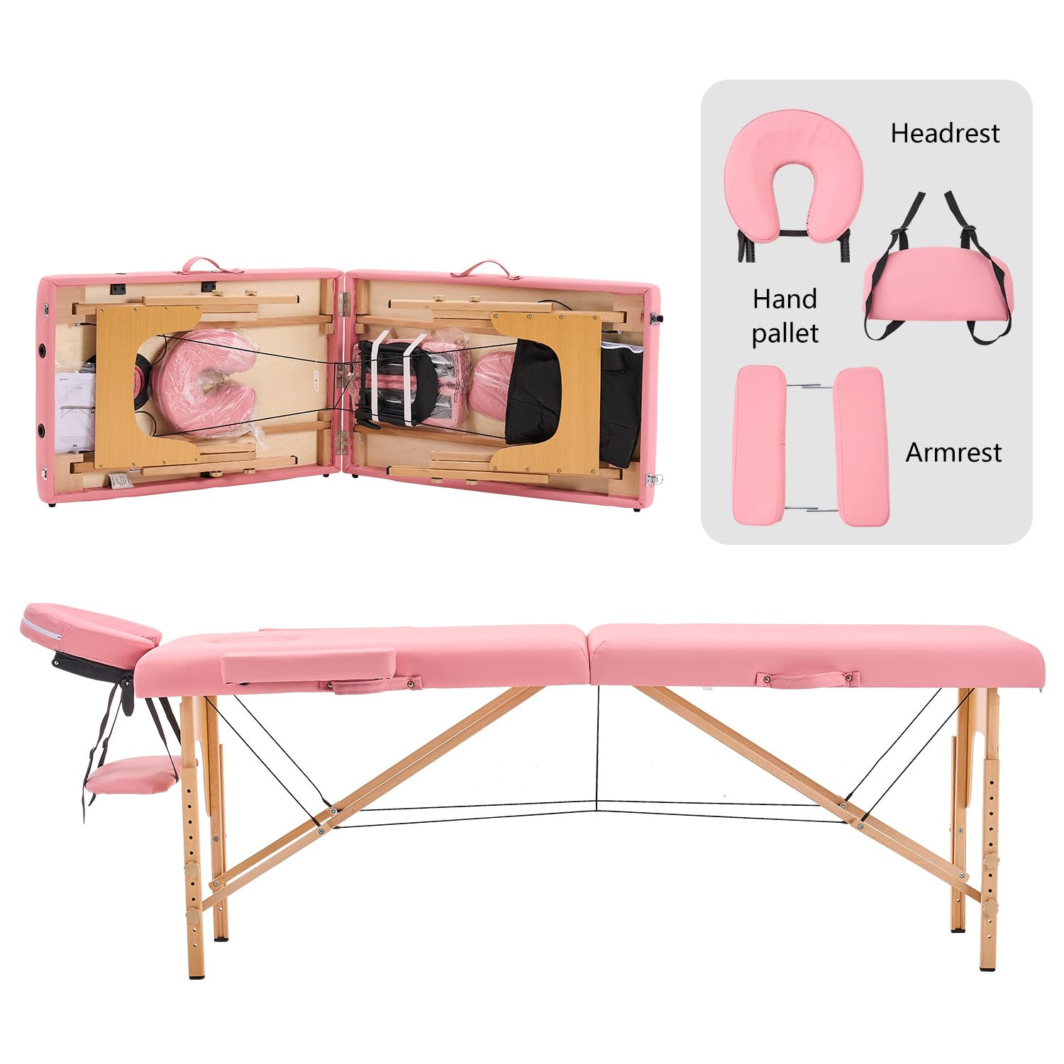 Portable Adjustable Massage Table with Accessories - Pink Wooden Frame