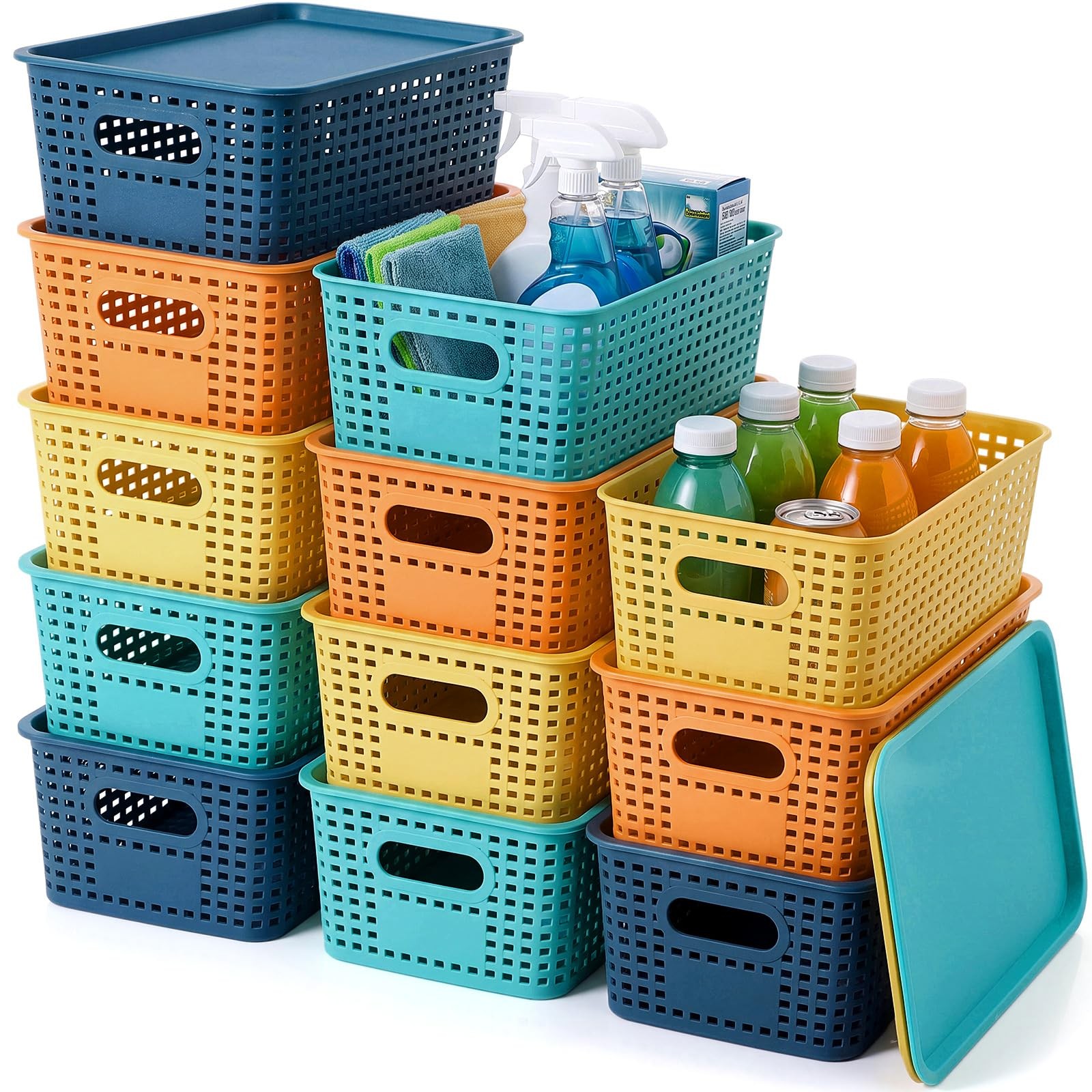 12 Pack Plastic Storage Baskets with Lids Stackable Organizing Bins Storage B...