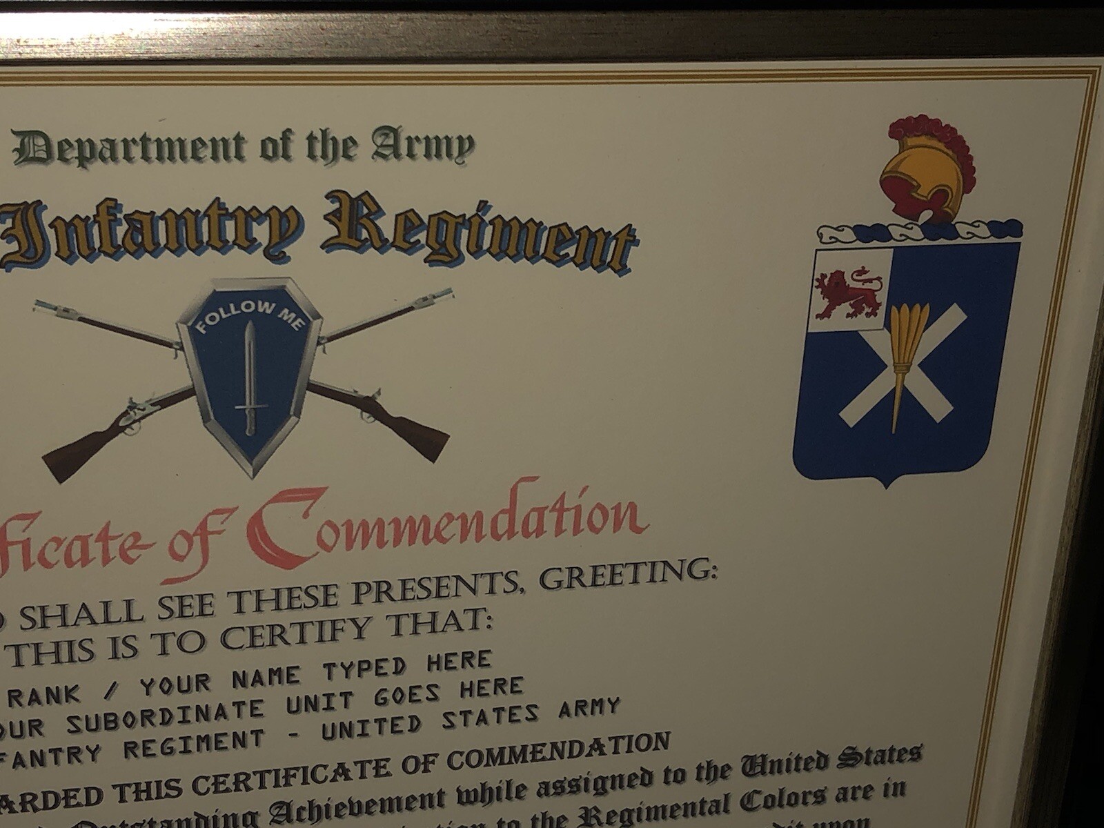 32ND INFANTRY REGIMENT / COMMEMORATIVE - CERTIFICATE OF COMMENDATION