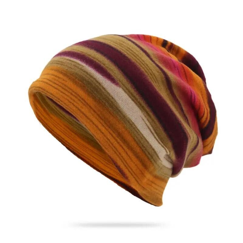 Orange Brown Striped Beanie Men Women Thin Knit Beanie Warm Hat Headwear Fashion