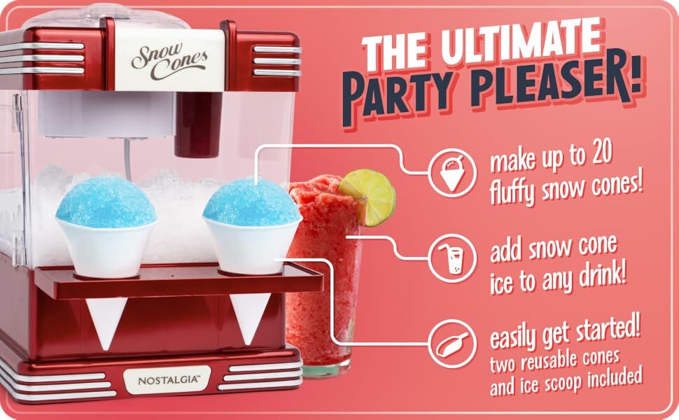 Shaved Ice and Snow Cone Machine, Retro Table-Top Slushy Machine Makes 20 Treats