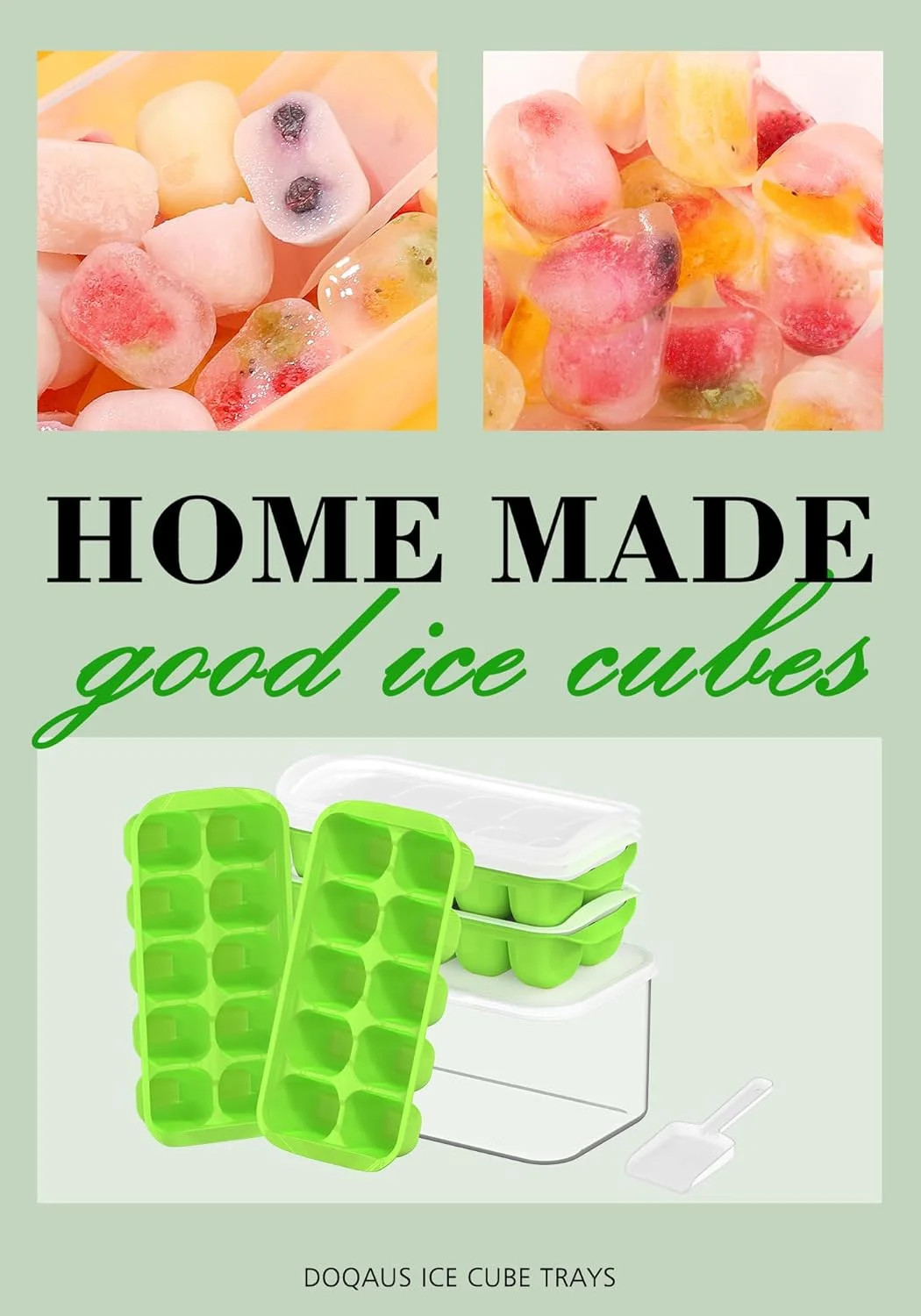 DOQAUS Ice Cube Tray with Lid and Bin - 4 Pack Ice Bucket Kits, Stackable Silico