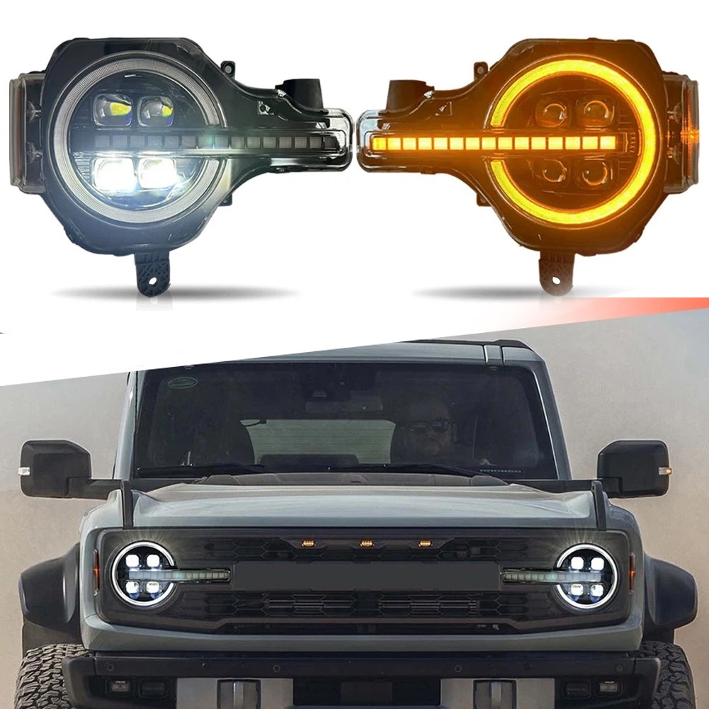 Pair FULL LED Headlights Assembly For Ford Bronco 2021- 2024 w/Amber＆White DRL
