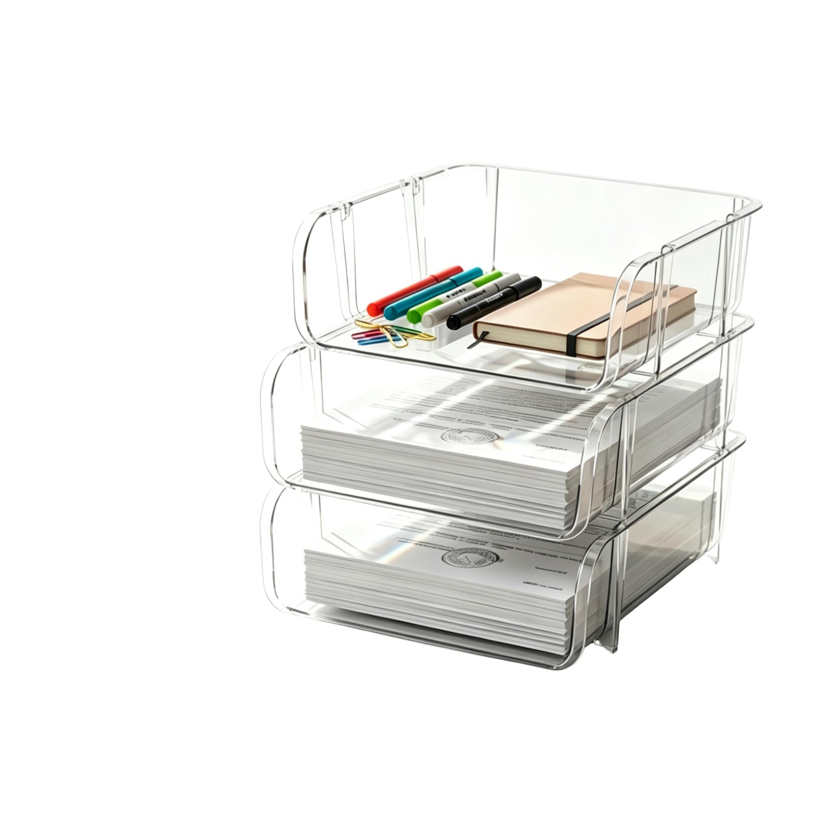 TSEGEOTI 3-Tier Clear PET A4 Stackable Desktop File Letter Organizer G2311