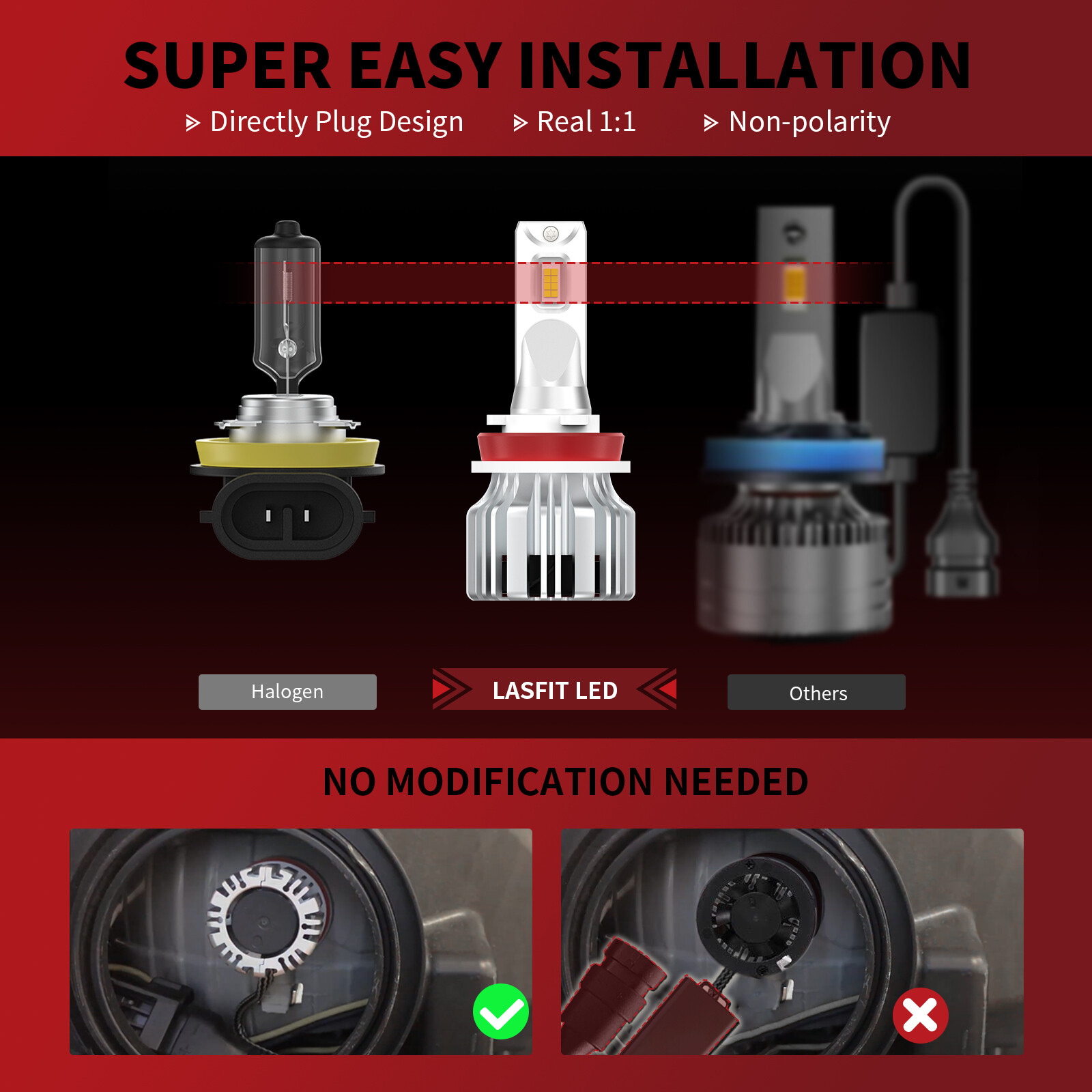 LASFIT H11 LED Headlights Kit Low Beam Bulb Super Bright 6000K Cool White 5000LM