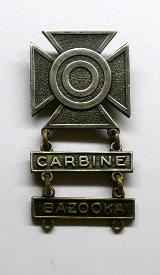 U.S. Army Basic Qualification Sharpshooter Badge &Carbine Bazooka Bars STERLING