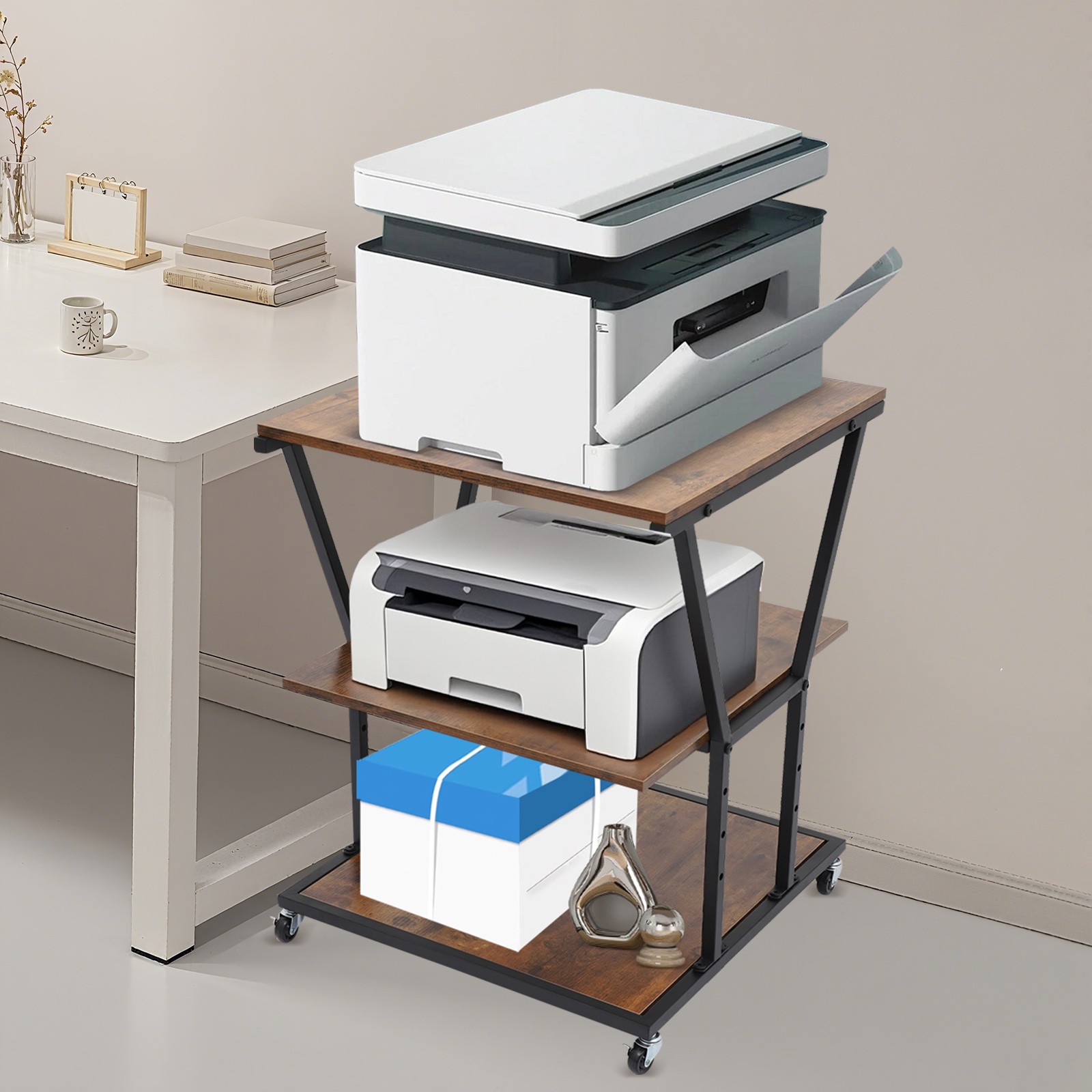 3-Tier Printer Stand with Adjustable Shelves & Wheels for Home/Office