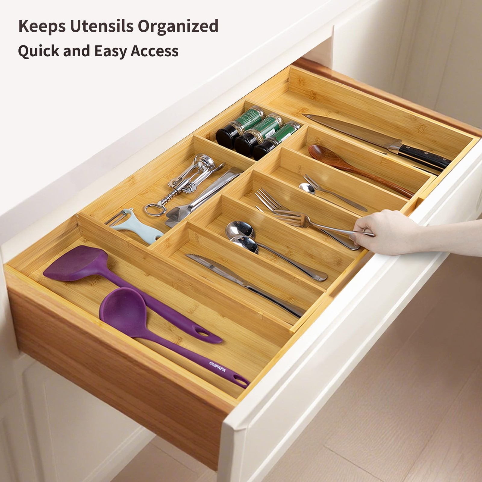 Utoplike Extra Large Kitchen Drawer Organizer, Solid Bamboo Natural