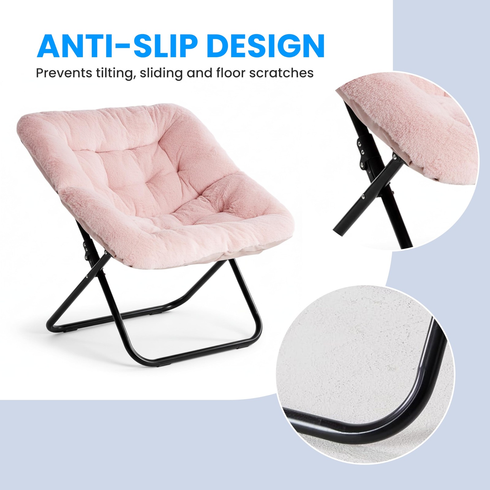 Large Saucer Chair for Adults Oversized Folding Faux-Fur Metal Lounge Chair Pink