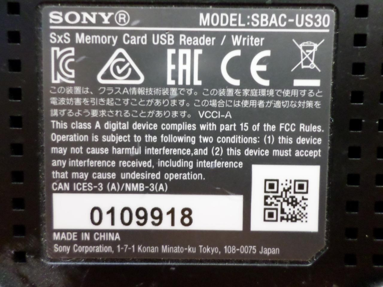 Sony SBAC-US30 SxS PRO+ and SxS-1 solid state memory USB 3.0 reader/writer