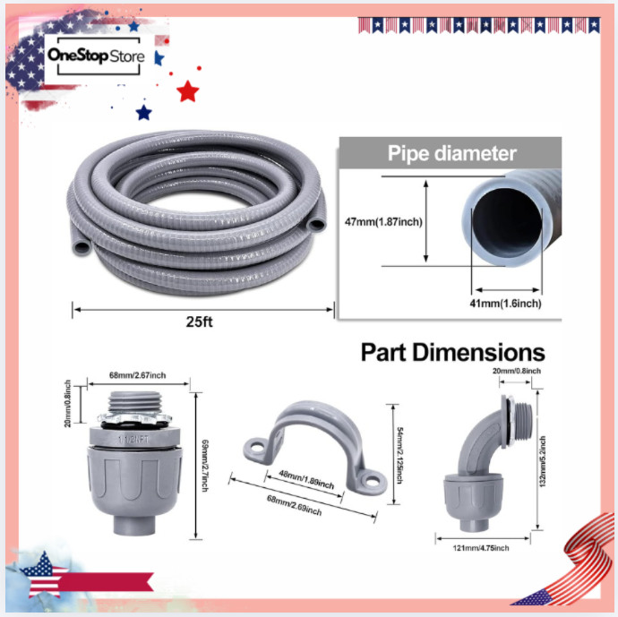 1-1/2" 25FT Liquid-Tight Conduit Kit Flexible w/ Fittings