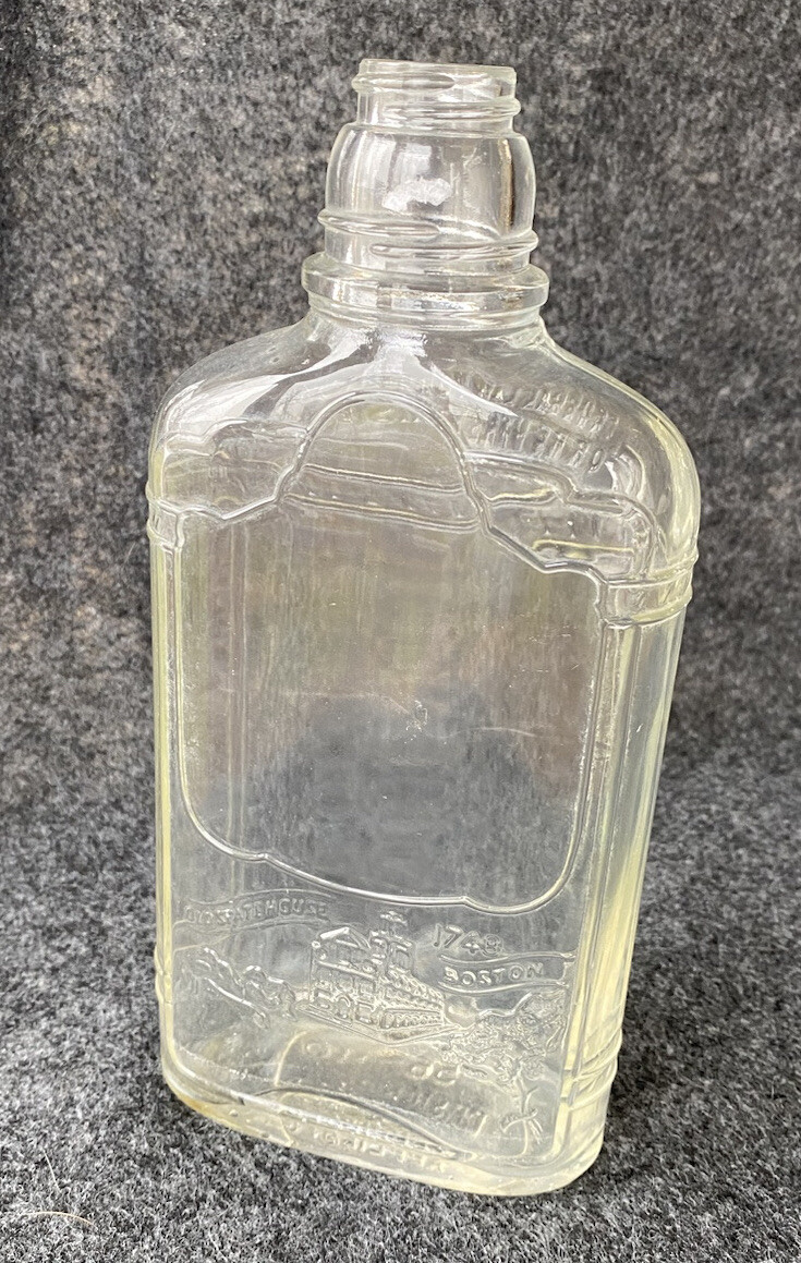 OLD STATE HOUSE BOSTON 1748 EMBOSSED CLEAR LIQUOR BOTTLE - FEDERAL LAW PROHIBITS