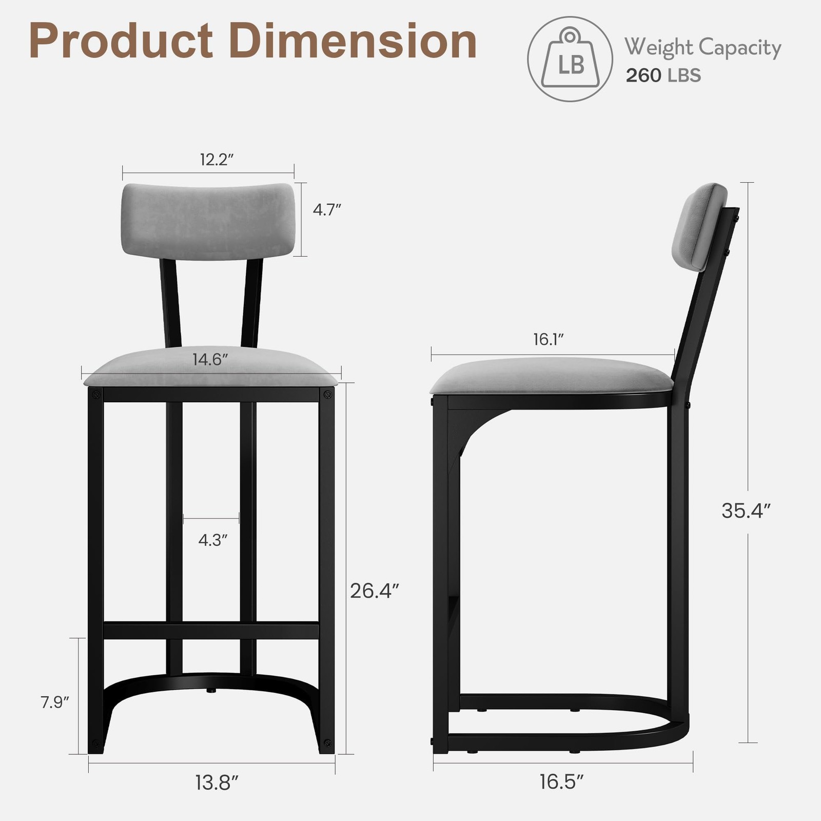 Ergonomic Counter Height Bar Stools 2 Pack Metal Frame Velvet for Kitchen & Bar