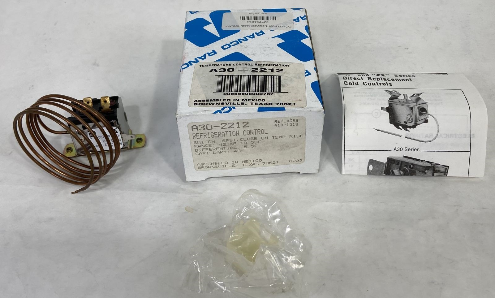 New Ranco A30-2212 Refrigeration Control 42.5-58°F SPST Close on Rise 48" Cap.