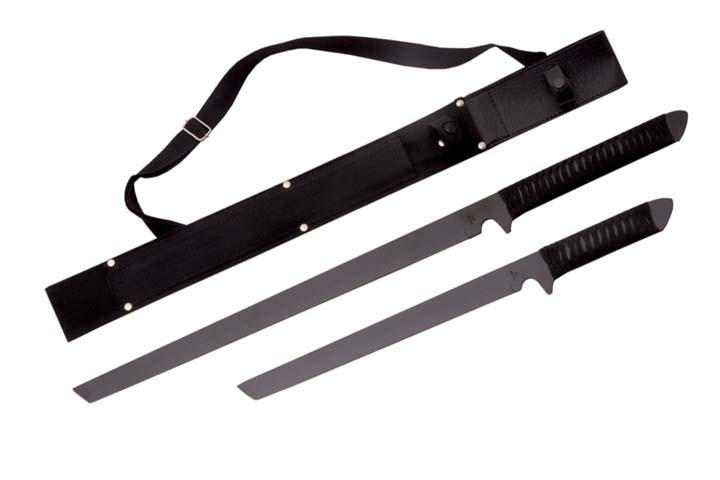 2-Pc Ninja Sword Set – Rite Edge Black Tanto Blades w/ Nylon Shoulder Sheath