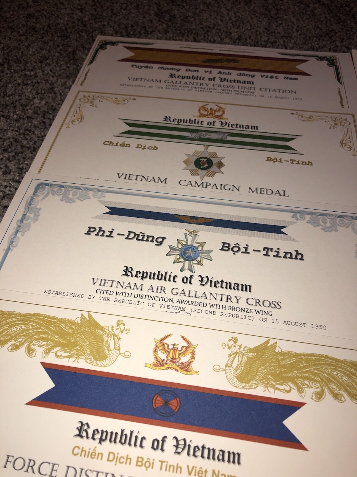 U.S. AIR FORCE - VIETNAM WAR / 12 MILITARY COMMEMORATIVE CERTIFICATES (LOT SET)