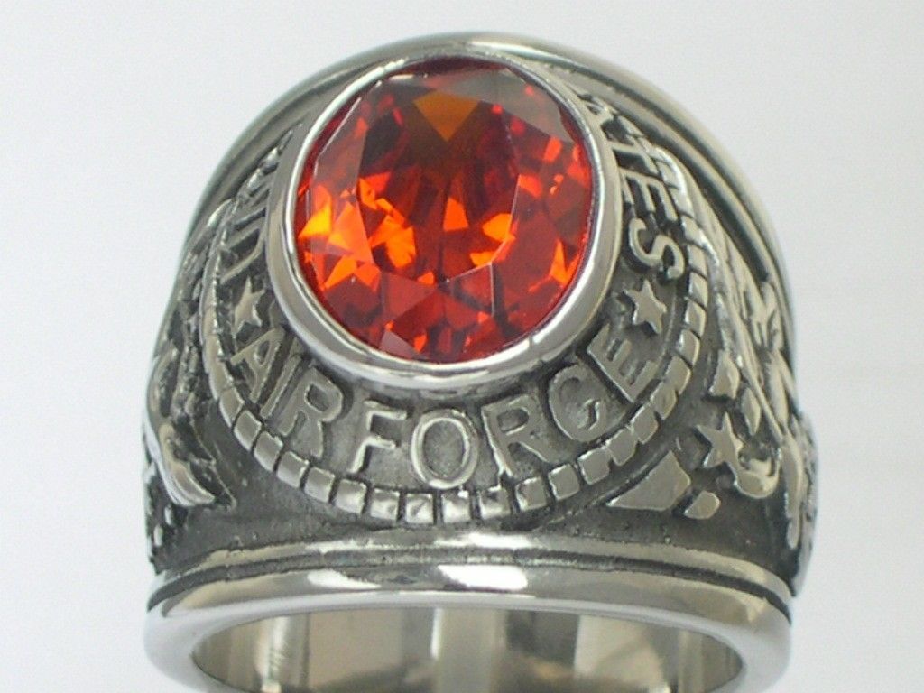 Stainless Steel United States Air Force Military Garnet Stone Men Ring Size 7-15