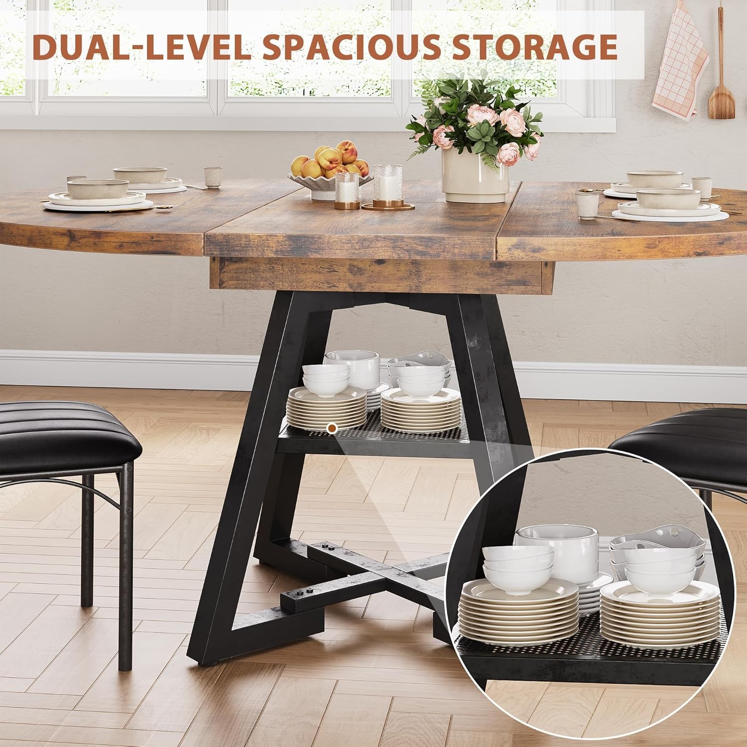 Round Dining Table Kitchen Dining Room Dinner Table 4-6 Space Saving Extendable