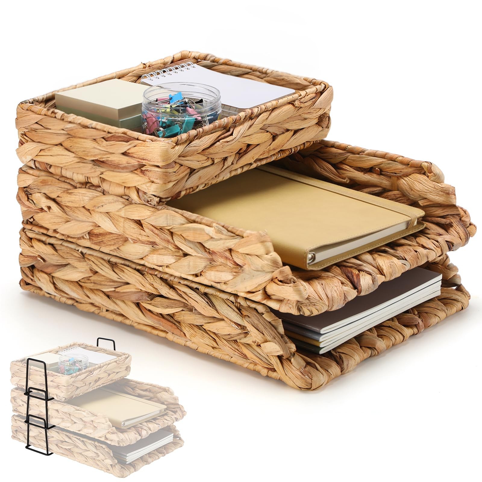 3 Pack Water Hyacinth Woven Stackable Desk Organizer Letter Tray, Primary Col...