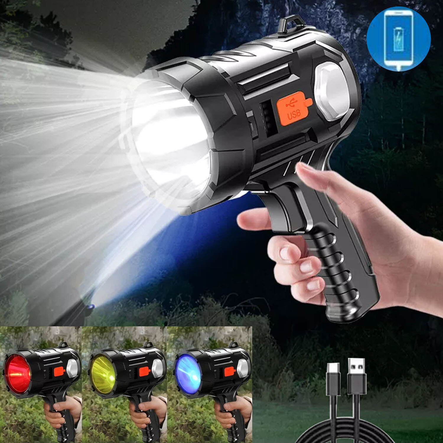 3PCS Solar/USB Super Bright Rechargeable LED Spotlight Flashlight Searchlight