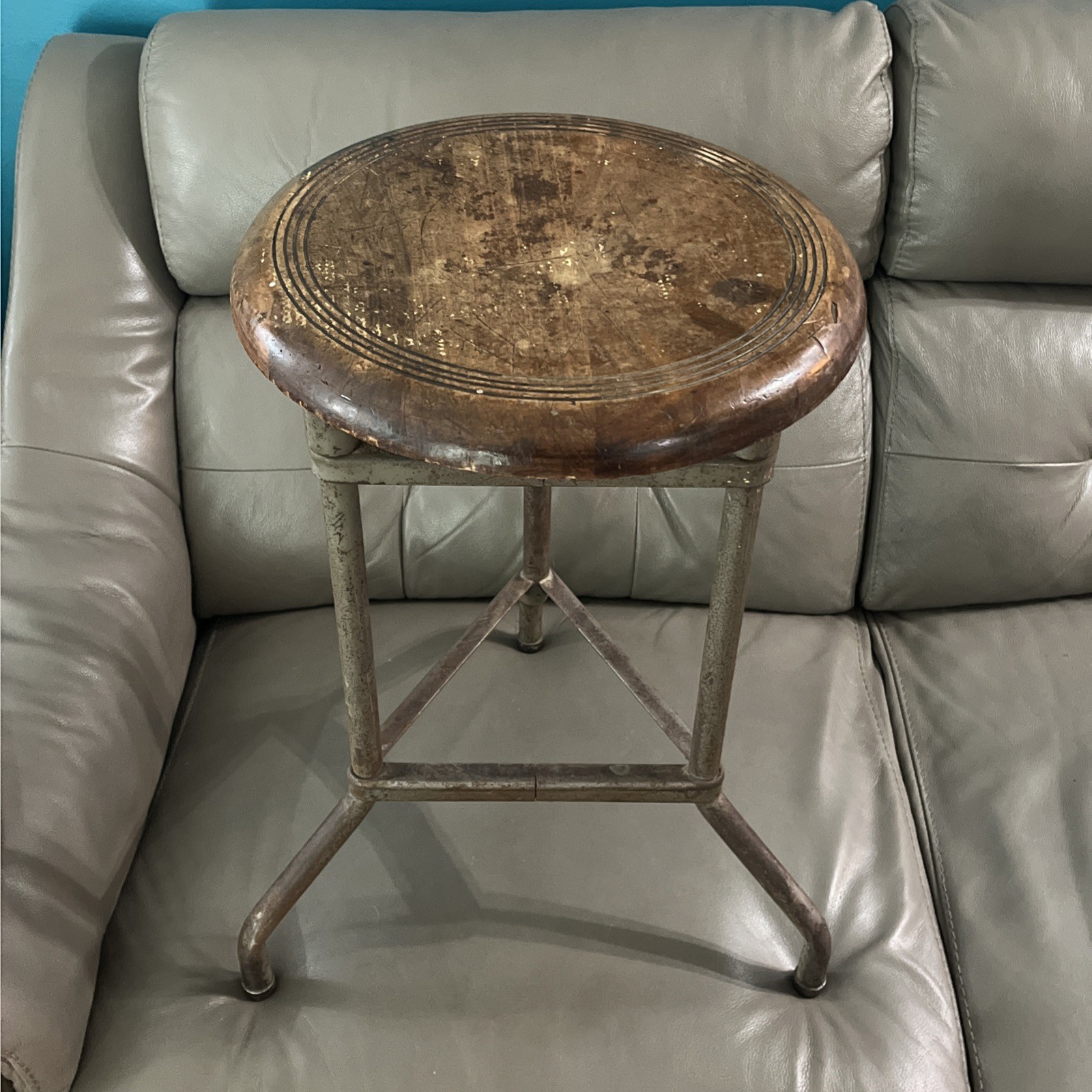Antique Industrial Work Bench or Drafting Stool with Tripod Legs